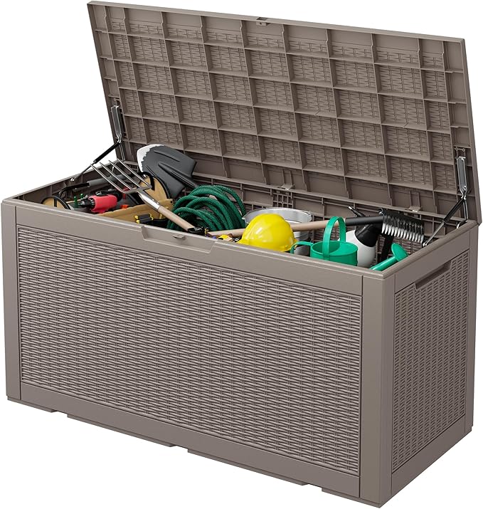 KAMABOKO 101 Gallon Waterproof Large Resin Deck Box, Lockable Large Outdoor Storage Boxes Indoor Outdoor Storage Container for Patio Cushions, Gardening Tools, Pool Supplies, Grey