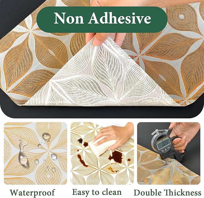 Drawer and Shelf Liner for Kitchen Cabinet: 23.6 in X 30 Ft Waterproof Shelf Paper Non Adhesive Refrigerator Liners Golden Leaf Easy Liners for Bathroom with Knife Tape Measure