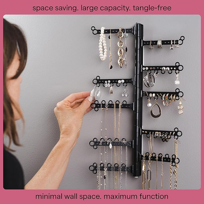 AllHungUp 12-Tier Wall Jewelry Organizer Wall Mounted Jewelry Organizer Necklace Holder Wall Mount Hanging Necklace Organizer Jewelry Hanger Wall Mounted Earring Holder Display Earring Organizer Black