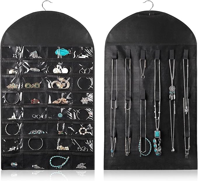 Flexzion Hanging Jewelry Organizer – (1 Pack) Black 32 Clear Pockets & 18 Hooks & Loops, Non-Woven Bag Dual Side Earring Storage Display Holder with for Necklace Bracelet Sunglasses