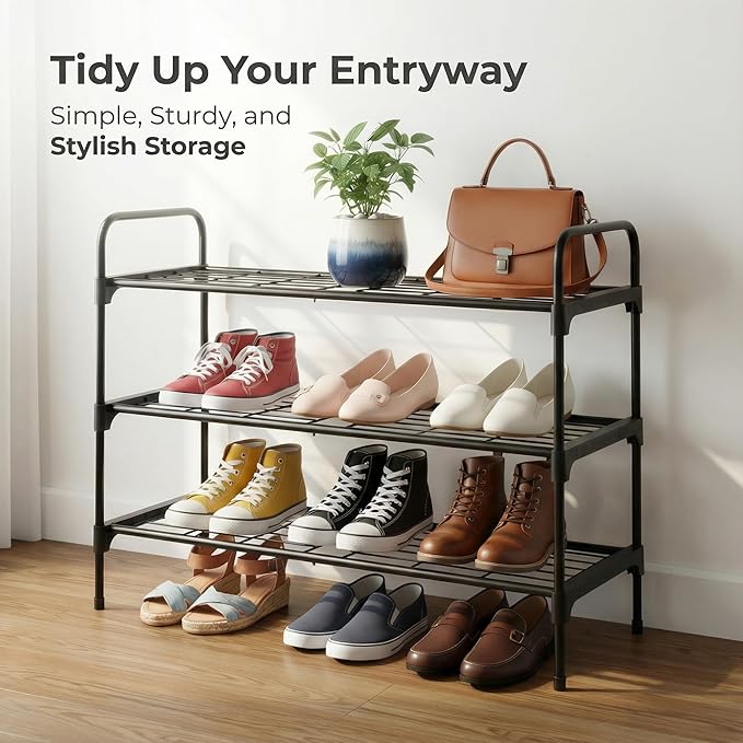 3-Tier Shoe Rack Organlzer, Rustproof lron, Spaclous Shoe Storage Shelf for Closet or Entryway, Fits Sneakers & Slippers, Black