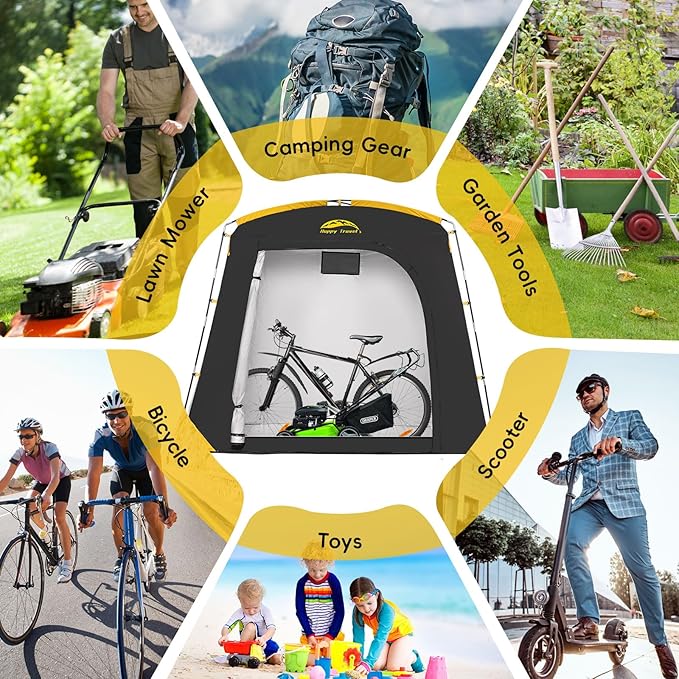 Happy Travel Bike Storage Shed Tent, Waterproof Portable Bike Cover with 40% More Top Space for 2/3/4/5 Bikes,Clips Easy Setup Sheds Shelter with Lockable Bicycle Design for Garden Tools, Lawn Mower