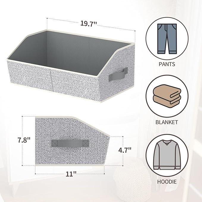 Storage Bins for Shelves - Large Trapezoid Closet Shelf Organizer, Fabric Organization Bins with Handles, Storage Baskets for Clothes, Towel, Purse, 6 Pack, Light Gray