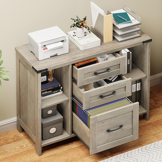 3 Drawer File Cabinet, Farmhouse Lateral Filing Cabinet Fits File Letter or A4 Size, Wooden Printer Stand with Open Storage Adjustable Shelf for Home Office, Grey