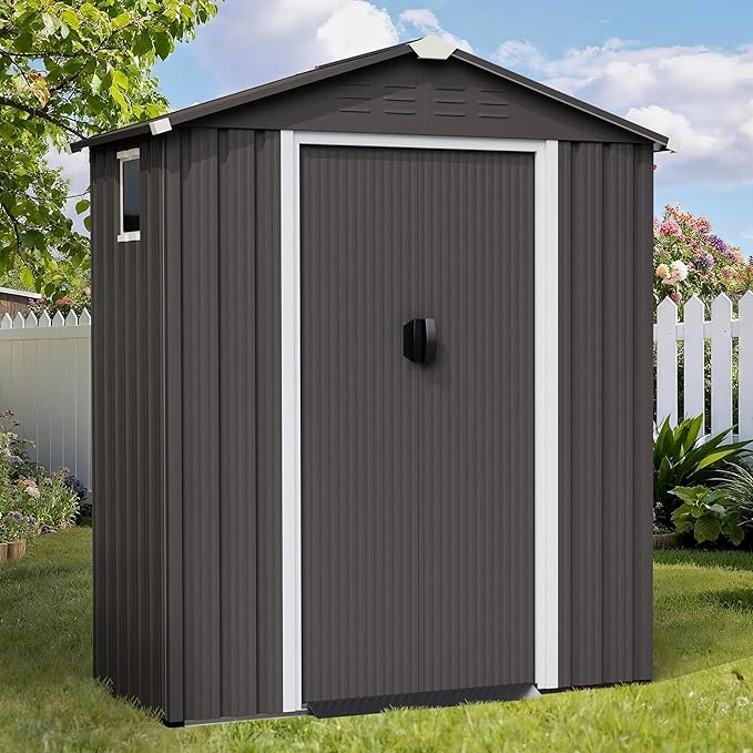 Shintenchi 5x3 FT Outdoor Storage Shed with Window, Lockable Outdoor Waterproof Tool Storage Sheds, Weather Resistant Tool Storage House Shed for Garden, Backyard, Patio Utility Tool Storage,Dark Gray