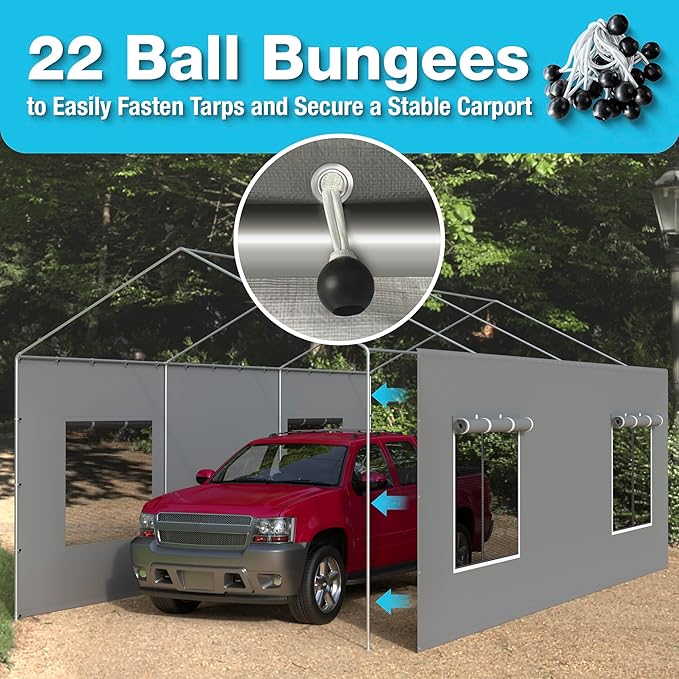 Carport Canopy Replacement Sidewall 20x6.6 FT Fits 10x20, 12x20, 20x20 FT Carport with Roll-up Windows, Waterproof & UV Protected, Easy Assembly with Ball Bungees, Grey (Sidewalls Only, 2 Pack)