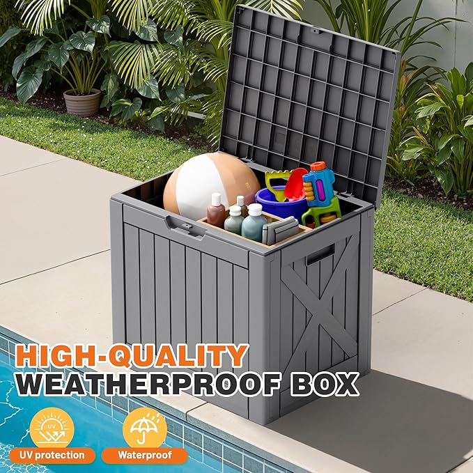 42 Gallon Outdoor Storage Box, Lockable Resin Deck Box for Patio, Yard, and Poolside, Waterproof & Sunproof Organizer for Furniture, Tools, Pool Supplies, Gray