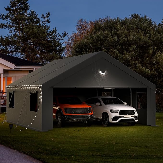 Carports Canopy 20x20 Heavy Duty, Portable Car Port Garage with Roll Up Drive Through Doors, Grey