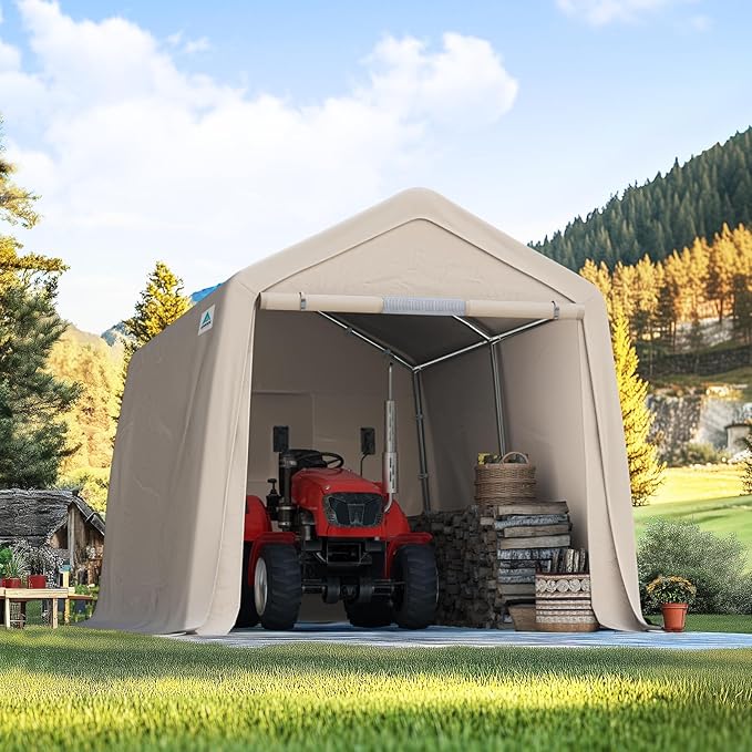 ADVANCE OUTDOOR 8x14 ft Steel Metal Peak Roof Portable Garage Shelter Storage Shed Carport for Motorcycle, Bike or Garden Tools with 2 Roll up Doors & Vents, Beige