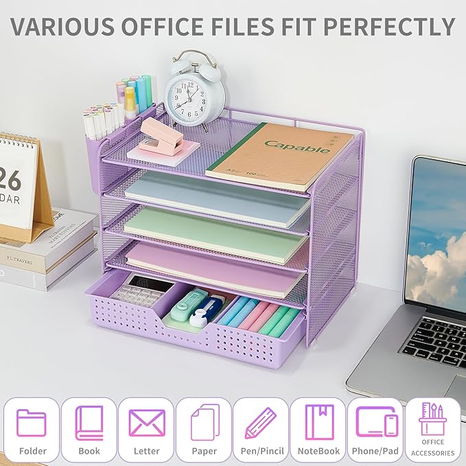 Desk Organizers and Accessories, 5-Tier Paper Letter Tray Organizer with Drawer & 2 Pen Holders, Desktop Organizer for Office Supplies (Purple)