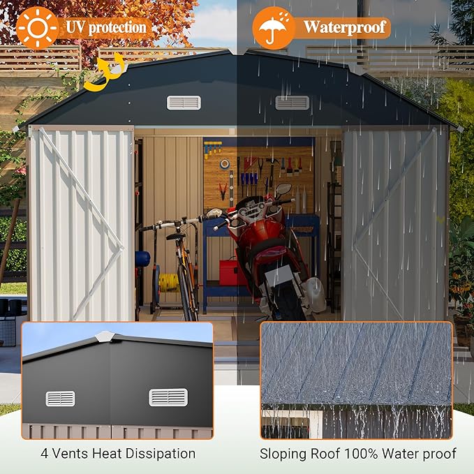 10×12 FT Outdoor Storage Shed,Heavy-Duty Metal Shed with Floor Base,All Weather Waterproof Tool Shed W/Diamond Roof & Windows,Lockable Double Door & 4 Air Vents,for Backyard,Patio,Lawn,Brown