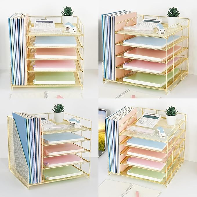 Desk Organizers and Accessories, 5-Tier Paper Letter Tray Organizer with File Holder, Desktop Organizer for Office Supplies (Gold)