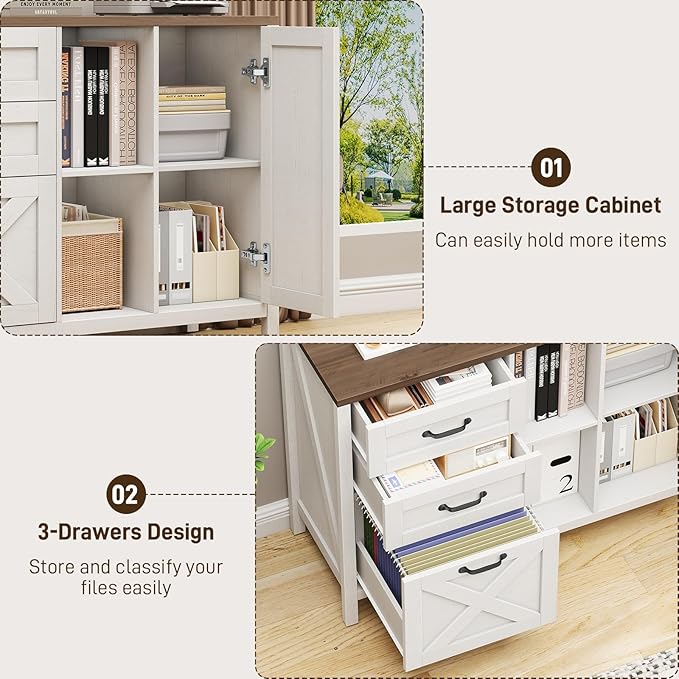 3 Drawer File Cabinet, Farmhouse Style Lateral Filing Cabinet Suitable for Letter or A4 Size Files, Wooden Home Office Storage with Adjustable Shelf and Printer Stand, White