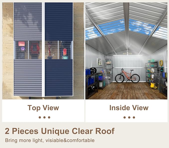 10x10 FT Metal Outdoor Storage Shed,Unique Clear Roof Window Lockable Double Door Vent Heavy Duty Reinforced Frame Waterproof Sheds for Garden Yard Store Large Lawnmower Tools,Dark Grey