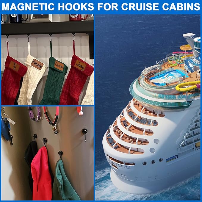 LOVIMAG Hooks, 120lbs+ Magnetic Magnet Hook 2025 Cruise Cabin Ship Essentials Heavy Duty Strong Refrigerator Fridge Hanging for Classroom Beach Vacation Kitchen Grills Home Mug Hanger (6 Pack), Black
