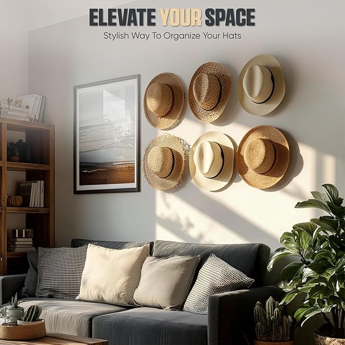Modern JP Adhesive Hat Hooks for Wall (24-Pack) - Cowboy Hat Rack, Wide Brim Hat Organizer, Strong Hold Hat Hangers for Wall - Black