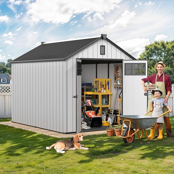 DWVO 8x10 FT Outdoor Storage Shed with Vision Grid Door Panel, 544 cuft Plastic Storage Shed with Floor & Vent, 16mm Heavy Duty Tool Garden Shed for Patio Supplies, Lawn Mower, Bikes, Dark Gray