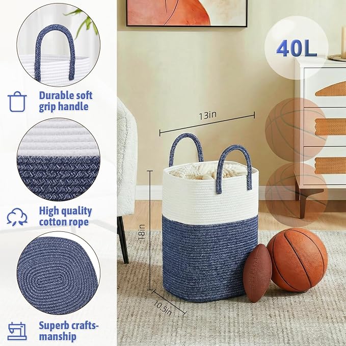 Laundry Basket,Woven Cotton Rope Laundry Hamper,Versatile Storage for Dirty Clothes,Baby Toys,and Blankets in Bathroom, Nursery,and Living Room (Blue, 40L)