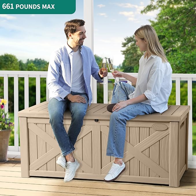 YITAHOME 150 Gallon Large Outdoor Storage Box with X-Shaped Front, Waterproof Resin Deck Box Cushion Storage Bench for Patio, Pool Supplies, Garden Tools- Lockable, Taupe