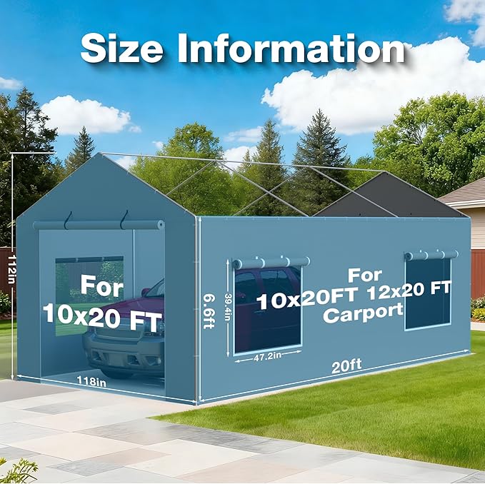 2 Pack Carport Canopy Replacement Sidewalls with Roll-up Windows, 2 Pack Zipper Doors for 10x20FT, Waterproof & UV Protected, Easy Assembly with Ball Bungees, Grey (Frame and Top Cover Not Included)
