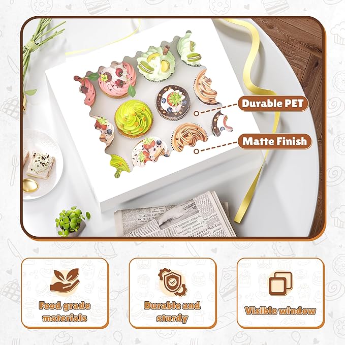 12 Pack Cupcake Boxes, Hold 12 Standard Cupcakes, Cupcake Containers with Window and Inserts, High Grade Cupcake Holder, for Birthday Holiday Party, Supplies for Cupcakes, Desserts and More
