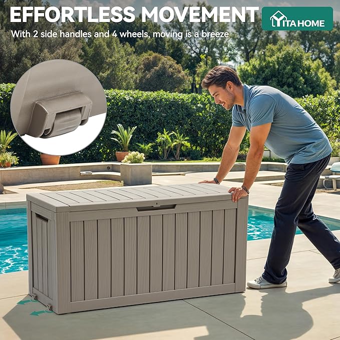 YITAHOME 72 Gallon Outdoor Storage Box w/Wheels, Resin Deck Box Indoor & Outdoor Patio Storage Box for Throw Pillows, Athletic Gear, Yard (Light Brown)