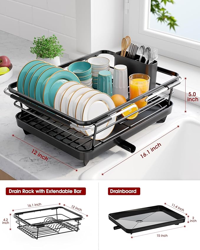 Extendable Dish Drying Rack Over Sink with Dish Drainer, Sink Organization and Storage Essentials with Silverware & Utensil Holder, Home and Apartment Decor, 12" W x 16.1~23" L, Black