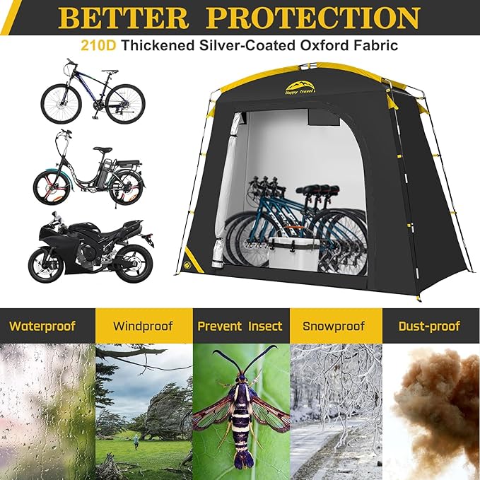 Happy Travel Bike Storage Shed Tent, Waterproof Portable Bike Cover with 40% More Top Space for 2/3/4/5 Bikes,Clips Easy Setup Sheds Shelter with Lockable Bicycle Design for Garden Tools, Lawn Mower