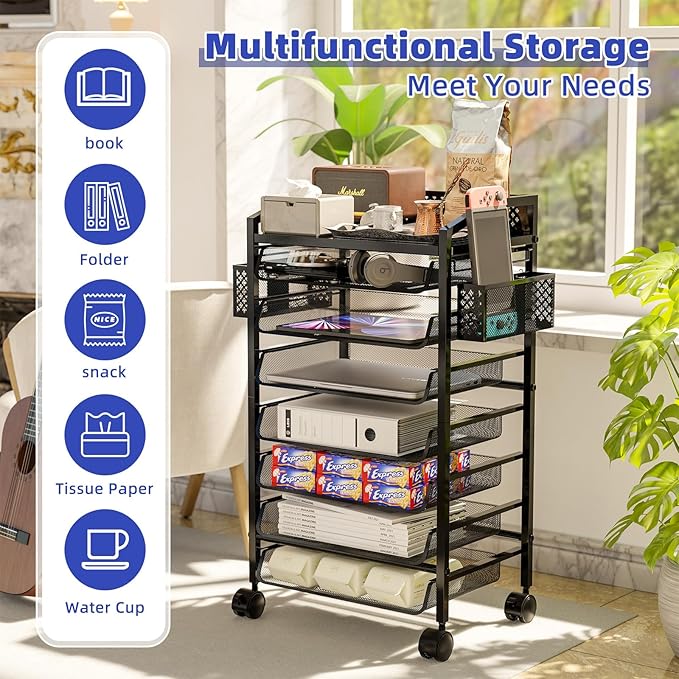 Simple Trending 8 Tier Small Rolling File Cart, Metal Desk File Organizer with Sliding Trays and Two Pen Holders, Metal Mesh Paper Letter Storage Multi Functional Rolling Clutter Cart, Black