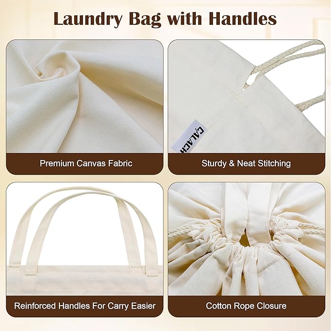 Canvas Laundry Bags with Handles & Square Base13.8"Lx13.8"Wx27.6"H, Large Heavy Duty Laundry Hamper Bag, College Dorm Washable Drawstring Canvas Dirty Clothes Sack (Beige,2 Pack)