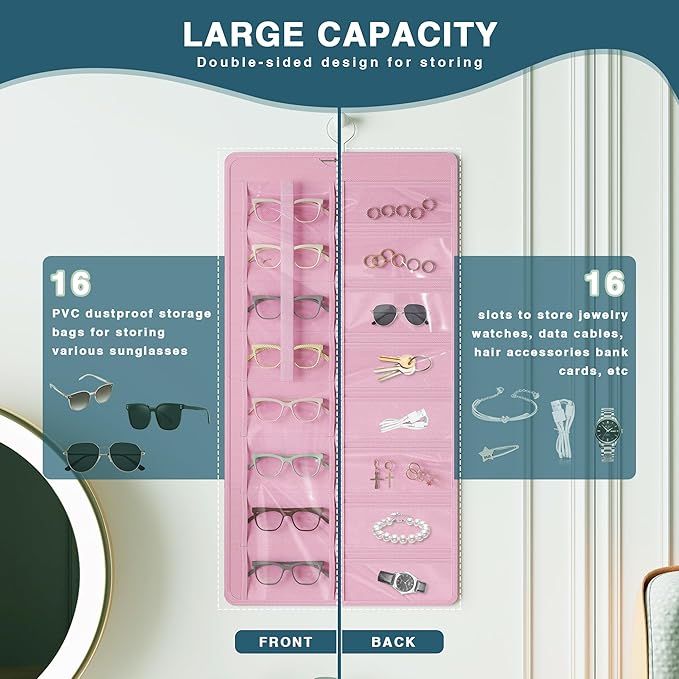 Hanging Sunglasses Organizer and Storage, Dual-Sided Sunglasses Case and Jewelry Holder, Wall-Mounted, 32 Clear Slots, Dust-Proof, Roof Design for Travel, Pink