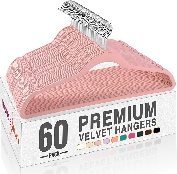HOUSE DAY Lt Pink Velvet Hangers 60 Pack, Non Slip Clothes Felt Hanger Heavy Duty for Coat, Premium Slim Space Saving Suit Hangers for Closet Organizer, 360° Rotating Silver Hook