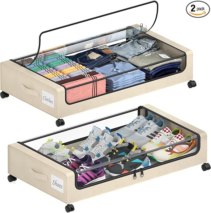 Under Bed Storage with Wheels, 2 Pack Under Bed Storage Containers with Dividers & Clear Lids, XXL 65L Under the bed storage Organizer Bins, Underbed Storage with Wheels for Clothes (White, 2 Pack)