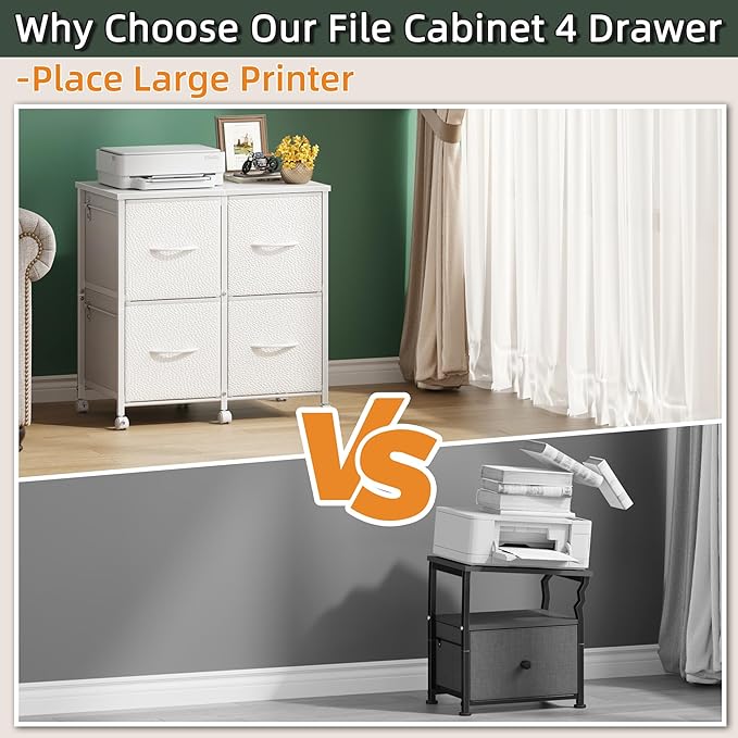 4 Drawer Lateral File Cabinet, Mobile Filing Cabinet for Large Printer, Home Office Functional Small Office Storage Cabinet & Printer Stand, Fits Letter/A4, White