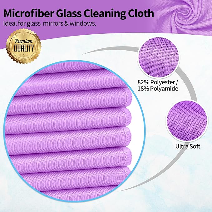 HOMERHYME Microfiber Cleaning Cloth, 12 Pack Window Glasses Cleaning Cloth, Reusable Lint-Free Streak Free Polishing Cloth Wipes for Stainless Steel, Eyeglass, Mirror, Screen & Lense,12"*12" Purple