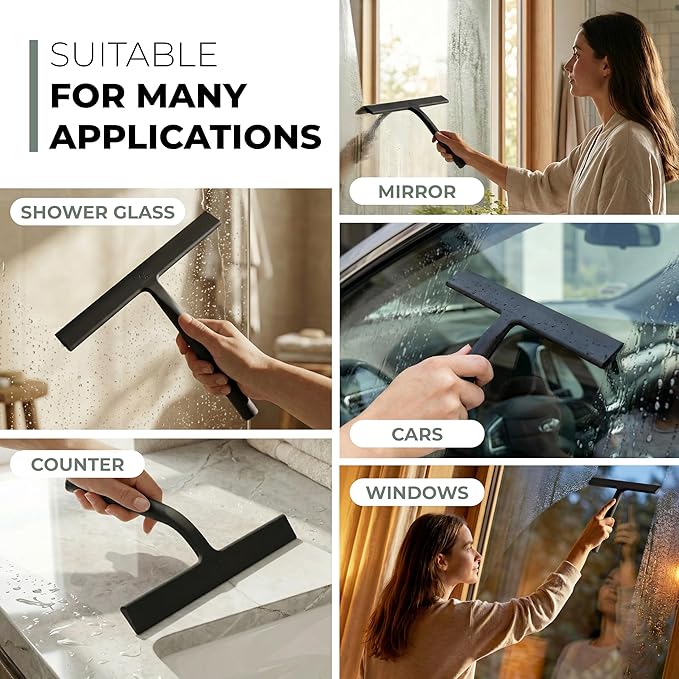 GÜTEWERK Shower Squeegee for Glass Doors, Silicone Window Squeegee, Bathroom and Glass Cleaning - Black - 13 Inch