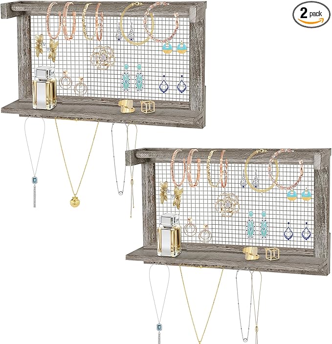 Rustic Wall Mounted Jewelry Organizer with Removable Bracelet Rod & Shelf - Multi-Functional Earring Holder, Necklace Organizer and Bracelet Stand with Hooks for Jewelry Storage and Display (2)