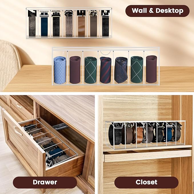 Acrylic Belt Organizer with Separated Cover, 7 Compartment Clear Storage Case for Belts, Ties & Bow Ties | Closet & Drawer Display Holder for Men & Women Dust-proof Rack