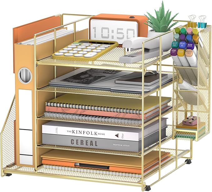 Gold Desk Accessories, 5-Tier Desk Organizer with Magazine Holder, Paper Organizer with Pen Holder for Home, Office or School Supplies