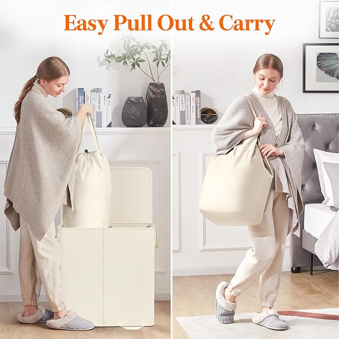 Lifewit Double Laundry Hamper with Lid and Removable Laundry Bags, Large Collapsible 2 Dividers Dirty Clothes Basket with Handles for Bedroom Laundry Room Closet Bathroom College, 136L Ivory White