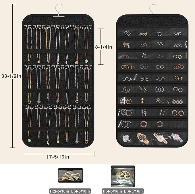 Hanging Jewelry Organizer Storage, 40 Pockets 36 Hooks Necklace Earring Necklace Bracelet Ring Organizer, Double - Sided Design, Black
