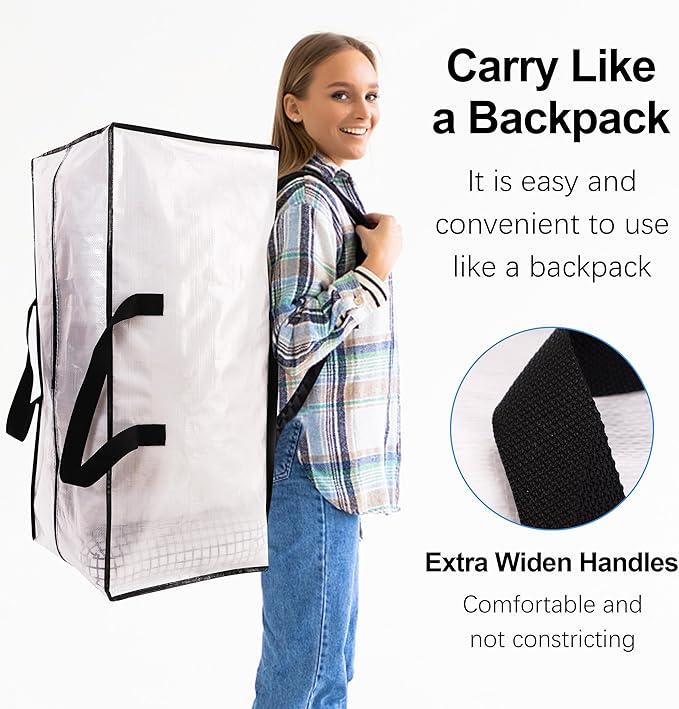 6 Pack Heavy Duty Extra Large Moving Bags W/Backpack Straps - Strong Handles & Zippers, Storage Totes For Space Saving, Fold Flat, Alternative to Box and Bin (40 gal, Semi-Transparent+Blue+Black)