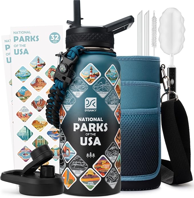 National Parks Water Bottle – 32 oz Insulated Stainless Steel Bottle with 63 Hand-Drawn Park Stickers, Carrier Bag, Strap & Gift Box – BPA-Free – Ideal for Hiking, Camping & Travel