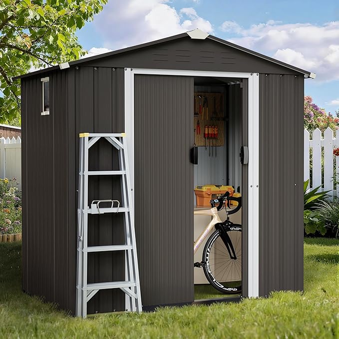 Shintenchi 6x4 FT Outdoor Storage Shed with Window, Lockable Outdoor Waterproof Tool Storage Sheds, Weather Resistant Tool Storage House Shed for Garden, Backyard, Patio Utility Tool Storage,Dark Gray