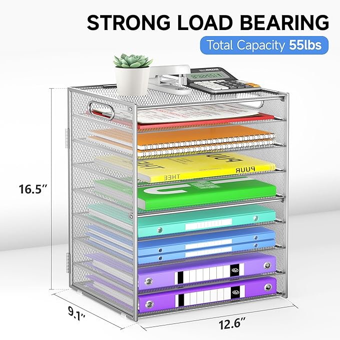 9 Tier Paper Organizer with Handle, Large Capacity Desk Organizer Mesh File Folder Letter Paper Tray Desktop Document Sorter for Classroom, School, and Office Accessories Organization- Silver