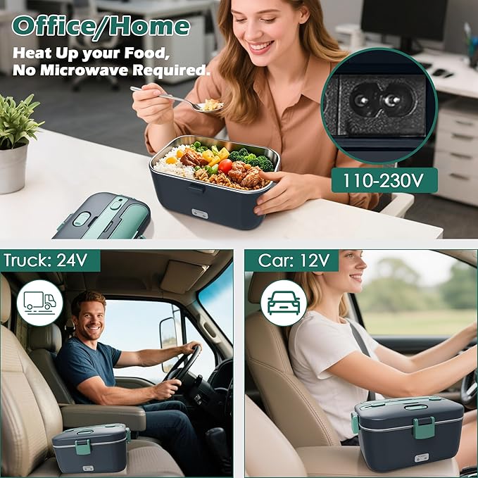 Electric-Lunch-Box-Heated-Food-Warmer 100W Heating Lunchbox for Adults 1.8L Portable Food Heater for Work/Car, 12V/24V/110-230V Lonchera Eléctrica Portátil with Fork Spoon (Gray+Green)