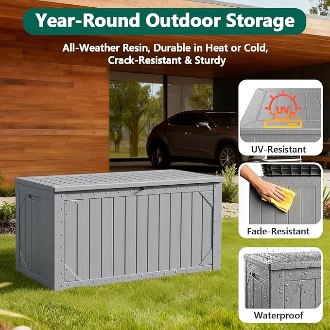 100 Gallon Outdoor Storage Box, Waterproof Resin Deck Box Organizer for Patio Cushion Storage, Lockable Outside Container for Garden Tools