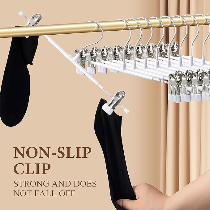 Pants Hangers with Clips 20 Pack Adjustable Skirt Hangers for Women Non-Slip Trousers Hanger for Jeans Clothes Hangers for Pants Heavy Duty Space Saving Shorts Hangers,White,14Inch