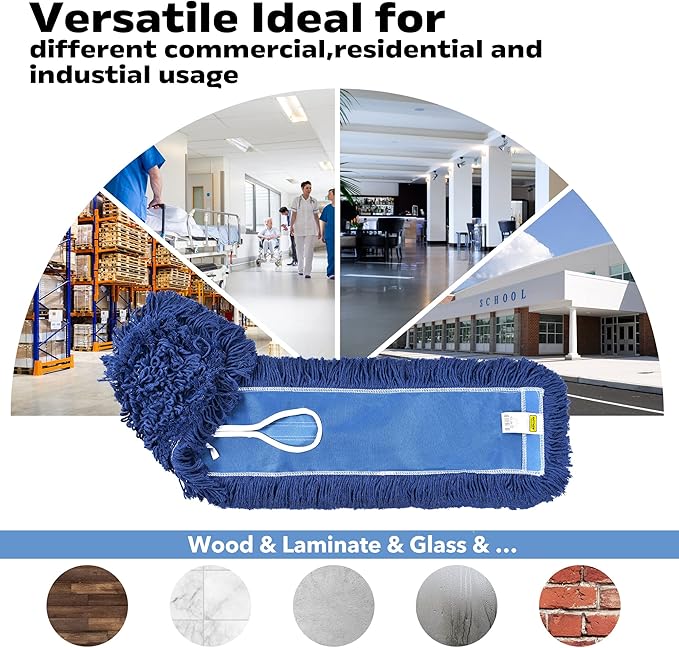 Matthew Cleaning 24'' Industrial Strength Cotton Dust Mop Refill Washable Replacement Heads for Residential & Commercial Use Fit Standard Dust Mop Frames, Hardwood, Laminate, Concrete Floors 12 Pack