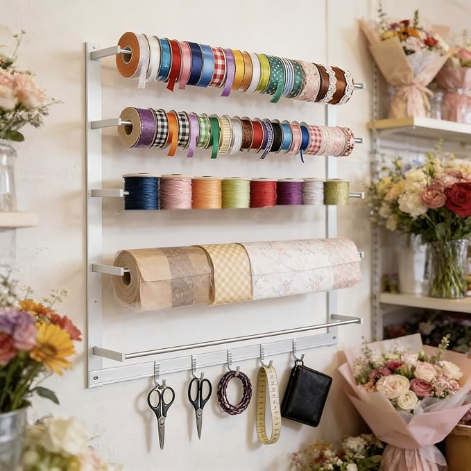 Wall-Mount Display Rack with 5 Hooks, Organizer Ribbon Holder Spool Roll Scarf &Tie Towel Storage Rack Sewing Craft Wrapping Paper Holder for Craft Room Retail Store Florist Home Bedroom